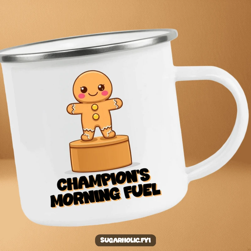 Funny camping mug with a proud gingerbread cookie on a podium, ready for outdoor celebrations.