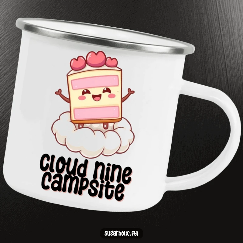Funny happy slice of cake bouncing on a whipped cream cloud, a durable and humorous camping mug.