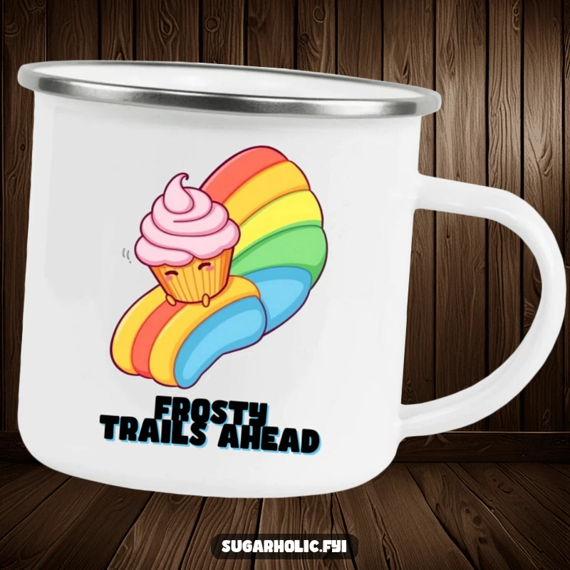 Funny Camping Mug with a giggling cupcake character sliding down a vibrant rainbow made of sugary frosting, perfect for outdoor treats.