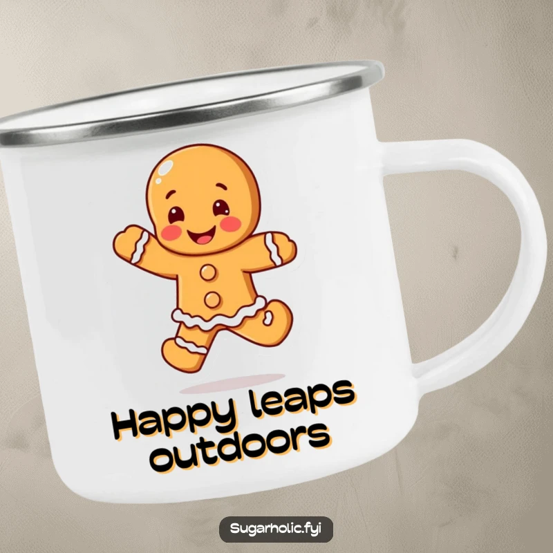 Funny Gingerbread Man Camping Mug with a blushing character in a happy leap, a sweet and funny outdoor gift.
