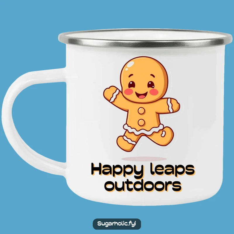 Funny Blushing Gingerbread Man Camping Mug: Happy Leap, Hilarious Outdoor Gift