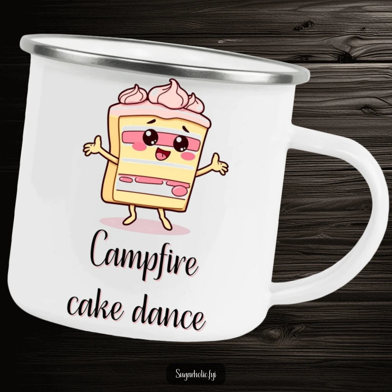 Funny slice of cake character doing a silly dance with frosting on a durable and humorous camping mug for outdoor enjoyment.