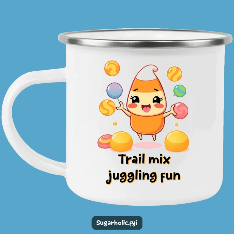 Funny Candy Corn Camping Mug: Sip Your Adventure with Juggling Character Fun