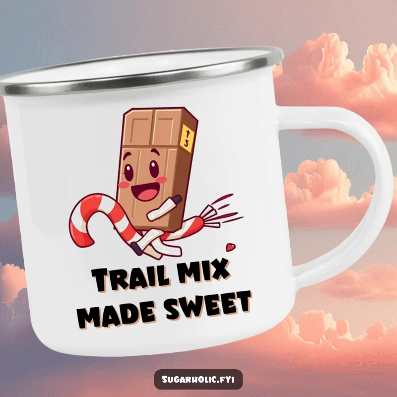 Funny chocolate bar character joyfully rides a runaway candy cane, perfect for outdoor adventures on this camping mug.