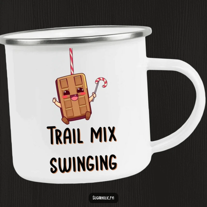 Funny camping mug showcasing a thrilled chocolate bar character swinging joyfully from a licorice rope, ideal for adventurous outdoor sipping.