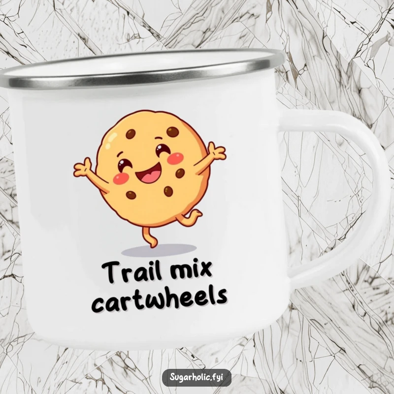 Funny Camping Mug featuring a smiling cookie character mid-cartwheel, bringing cheer to outdoor settings.