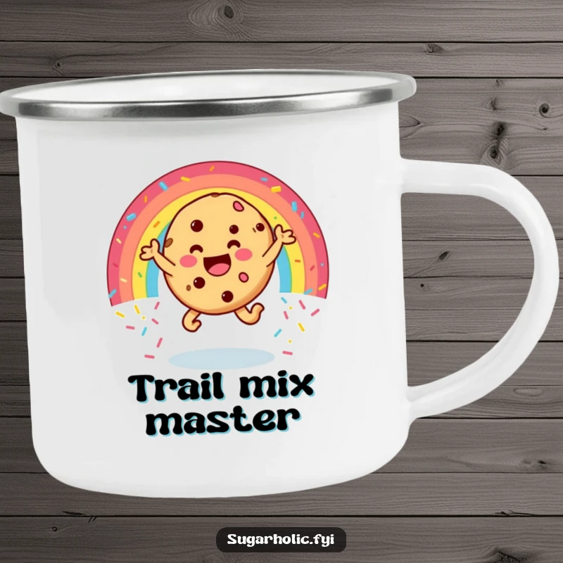 Funny cookie camping mug with a happy character leaping through a rainbow of sprinkles, durable and hilarious for outdoor adventures and sweet moments.