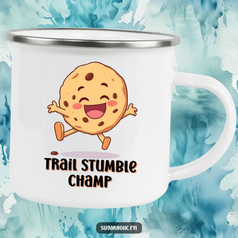 Funny cookie character camping mug, comically tripping yet grinning joyfully, durable and perfect for outdoor fun.