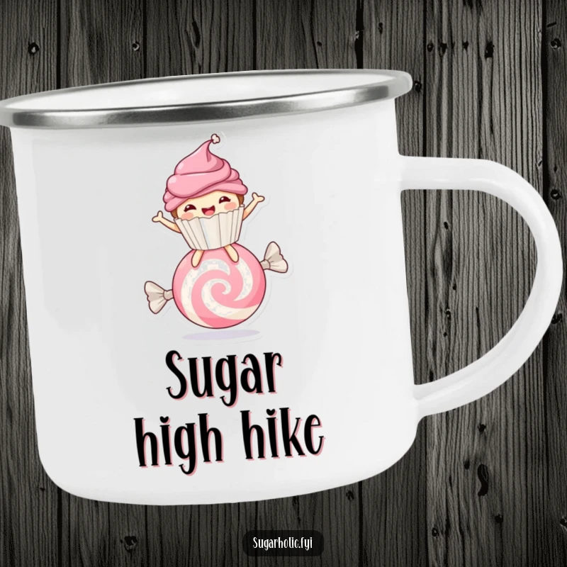 Funny cupcake character bouncing on candy, enamel camping mug, durable and sweet outdoor accessory.