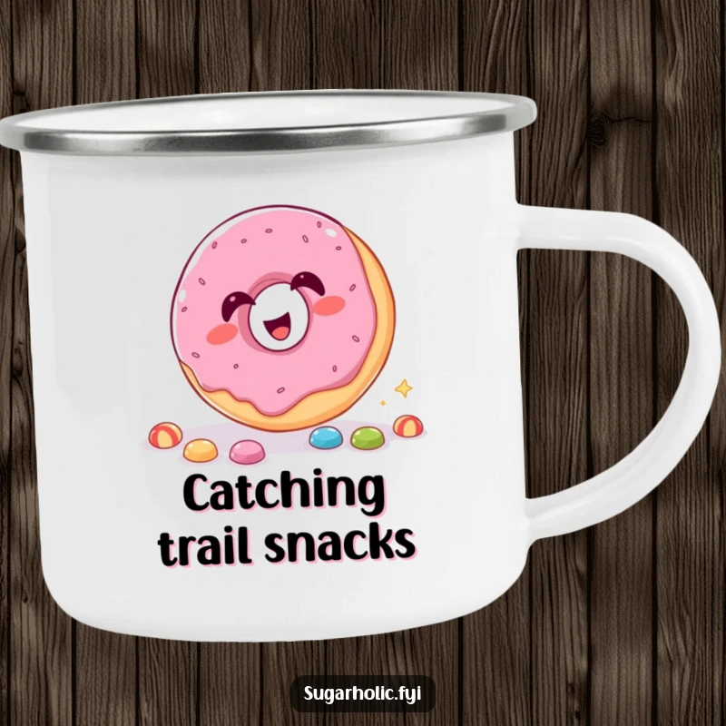 Funny Camping Mug featuring a giggling donut humorously catching candy through its hole, ready for adventure.