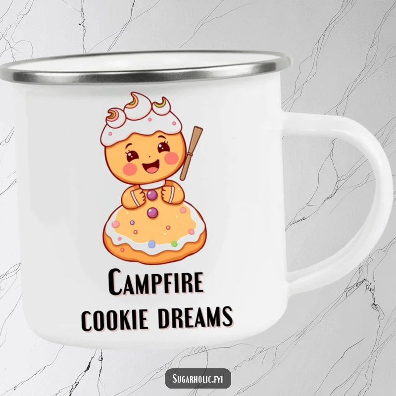 Funny gingerbread person character gleefully frosting a giant sugar cookie, a durable and comical camping mug.