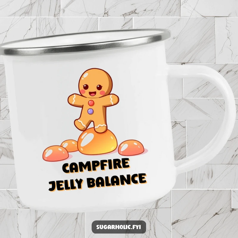 Funny camping mug featuring a joyful gingerbread person character balancing on wobbling jelly candies during an outdoor escapade.