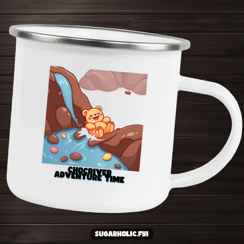 Funny Gummy Bear Camping Mug: A giggling character enjoying a chocolate river slide, perfect for outdoor adventures.