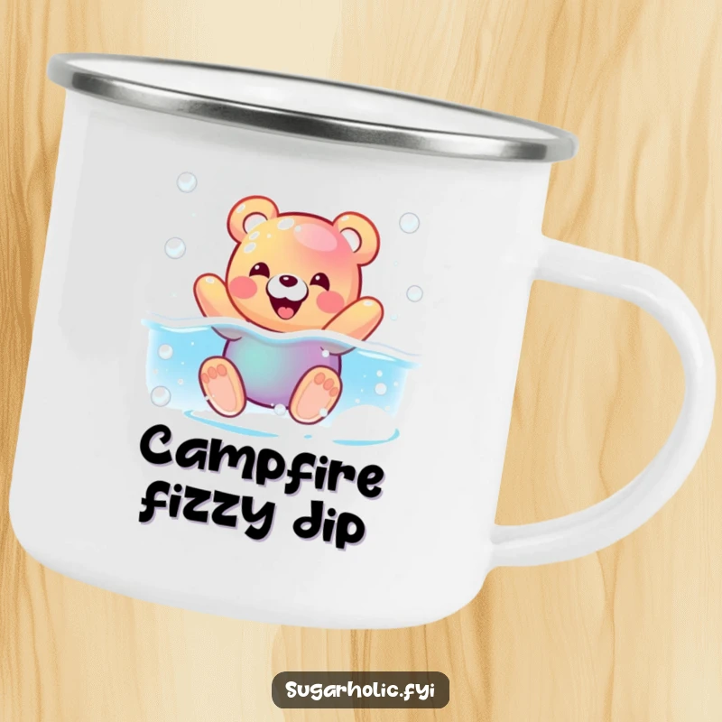 Funny camping mug featuring a pleased gummy bear character swimming in a fizzy soda pool, perfect for humorous outdoor enjoyment.