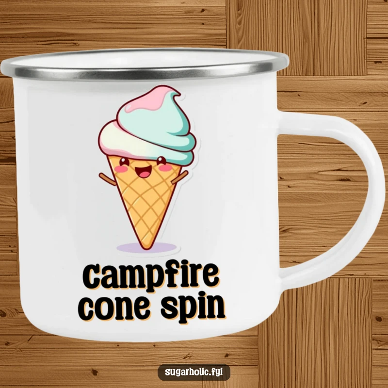 Funny camping mug illustrating a cheerful ice cream cone character happily spinning, perfect for outdoor adventures and sweet moments.