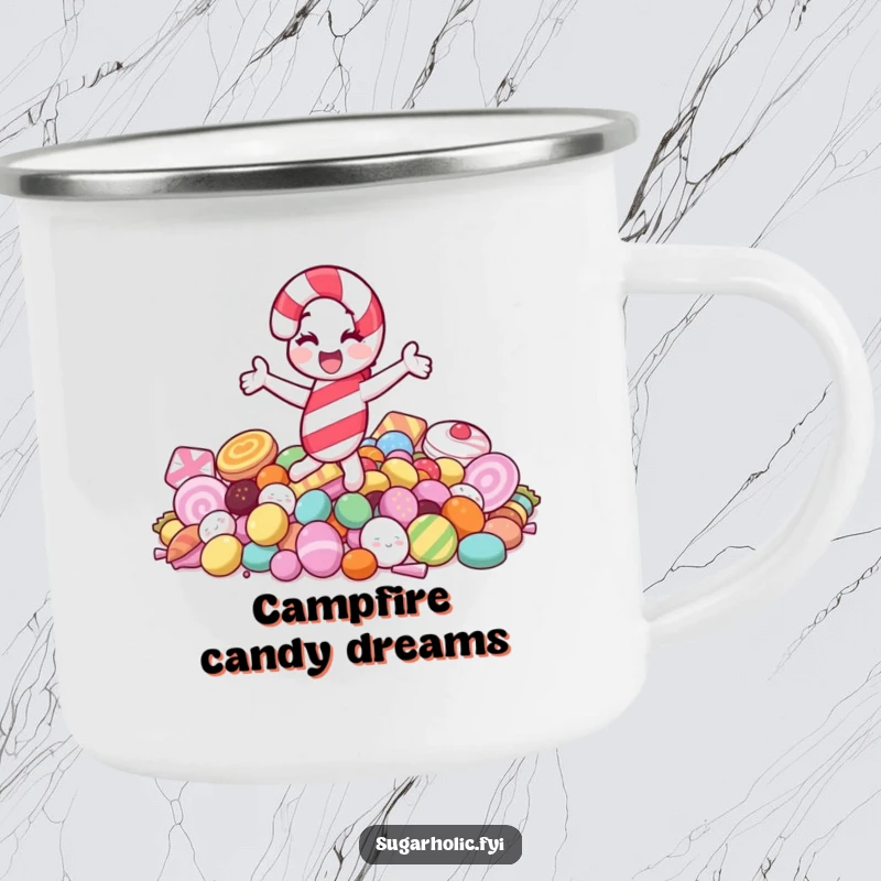Funny camping mug showing a joyful candy cane character spinning on a pile of sweets, perfect for festive outdoor moments.