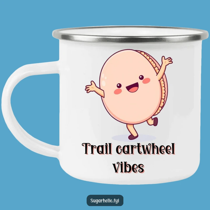 Funny Macaron Camping Mug: Sip Your Adventure with Cartwheeling Character Fun