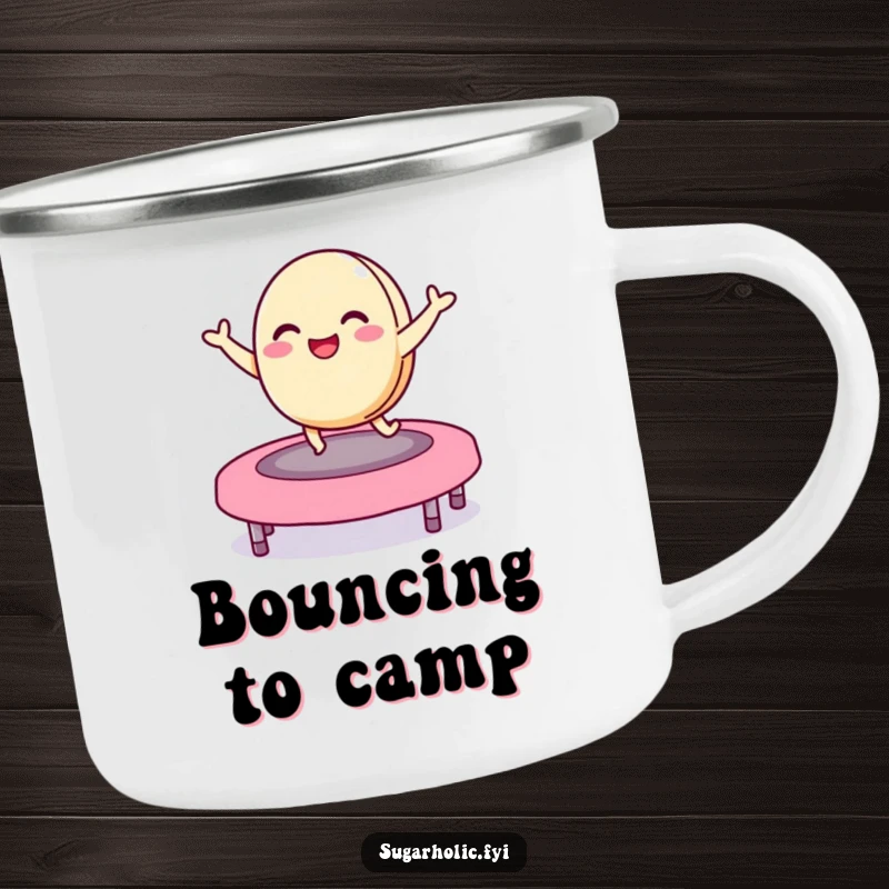 Funny macaron camping mug with a delighted character bouncing on a jelly bean trampoline, durable and hilarious playful companion for coffee lovers.