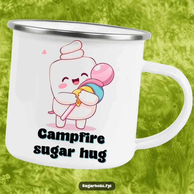 Funny camping mug featuring an ecstatic anthropomorphic marshmallow character hugging a giant lollipop, perfect for humorous outdoor enjoyment.