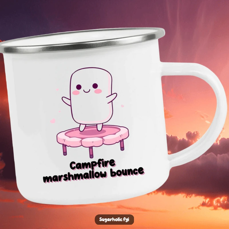 Funny camping mug featuring a smiling marshmallow character bouncing on a candy floss trampoline, perfect for outdoor humor and sweet beverages.