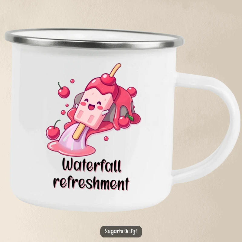 Funny camping mug showcasing a gleeful popsicle character sliding down a cherry syrup waterfall, perfect for enjoying drinks outdoors with cool humor.