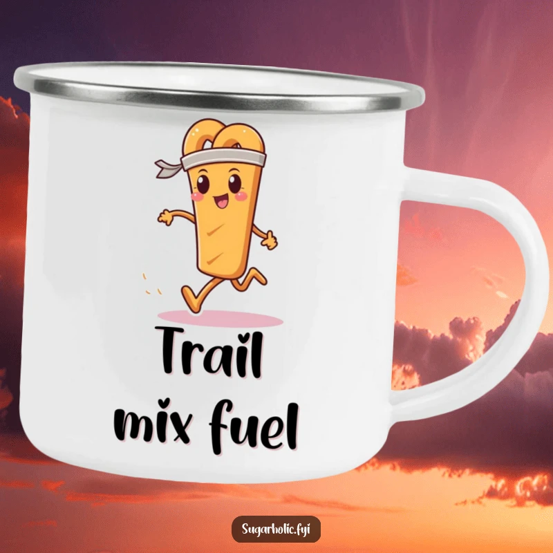Funny camping mug showing a determined pretzel stick in a sweatband running a race, ready for outdoor energy.