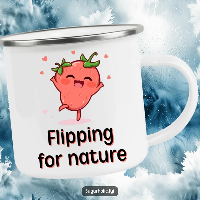 Funny Camping Mug with a delighted strawberry character performing a cartwheel, designed for outdoor adventures and cheerful sips.