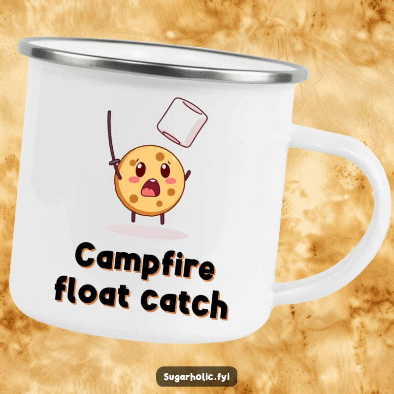 Funny camping mug featuring a surprised cookie character comically trying to catch a marshmallow on a wilderness adventure.