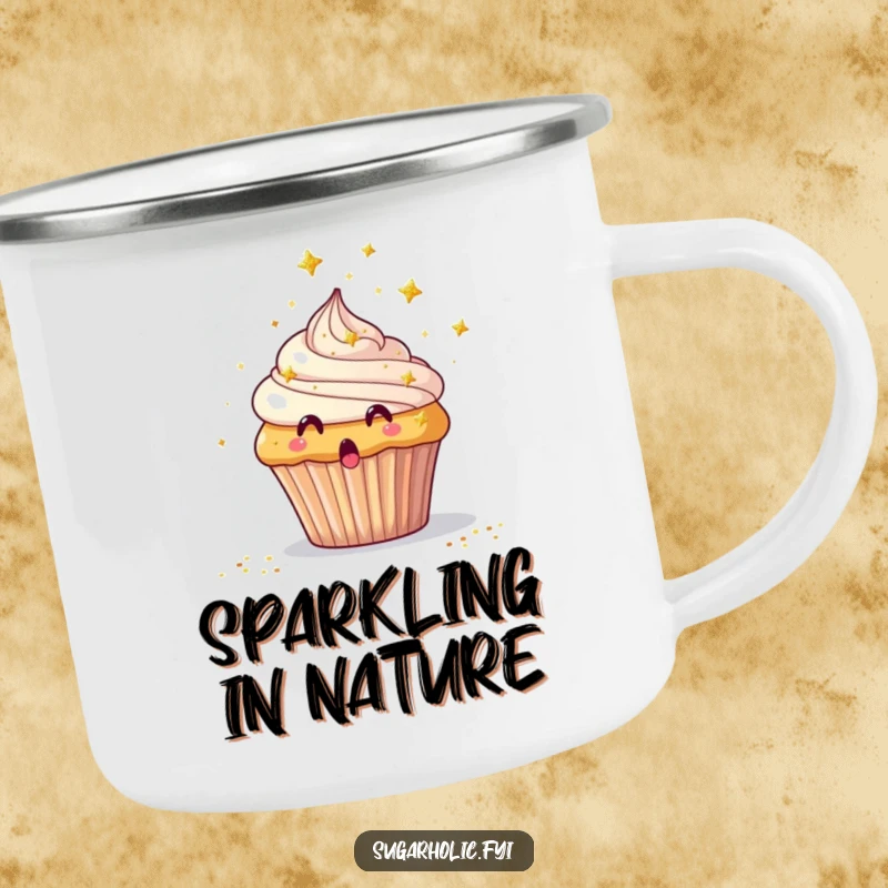 Funny Camping Mug with a surprised cupcake showered by tiny edible glitter stars, built for adventure.