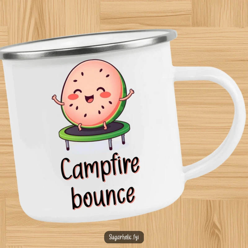 Funny camping mug with a joyful slice of watermelon bouncing on a trampoline, perfect for outdoor refreshment.
