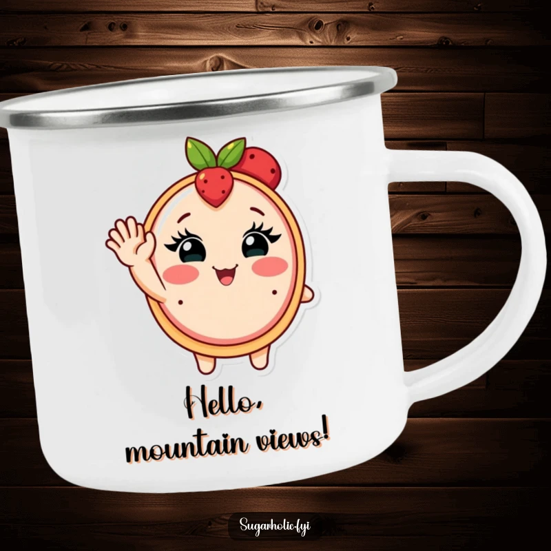 Funny camping mug with a blushing fruit tart and eyelashes waving, perfect for outdoor sweetness.