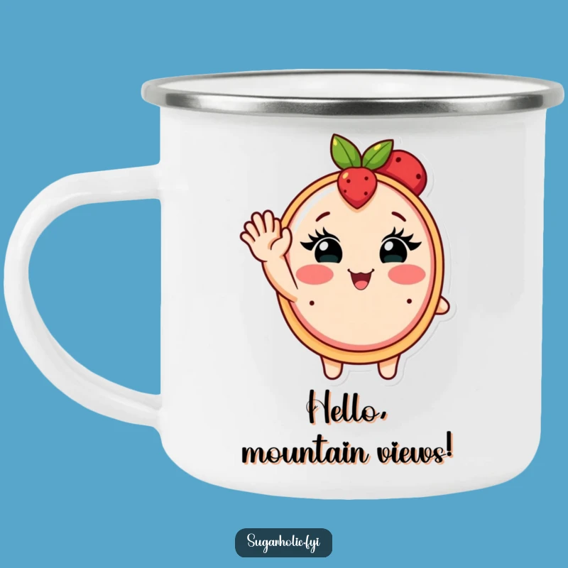 Funny Fruit Tart Camping Mug - Blushing Waving Outdoor Cup, Gift