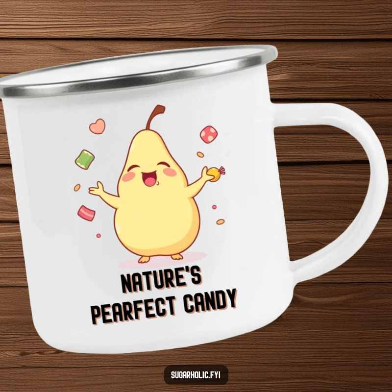 Funny laughing pear camping mug, a sturdy enamel cup with a cartoon pear juggling candies, perfect for outdoor trips and humor.