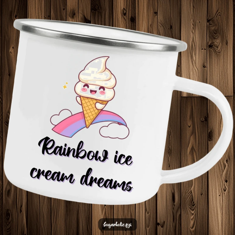Funny Camping Mug featuring a gleeful ice cream cone character sliding down a rainbow, bringing cheer to outdoor settings.
