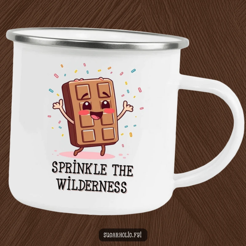 Funny chocolate bar character dancing under the open sky with candy sprinkles, a rugged and funny camping mug.
