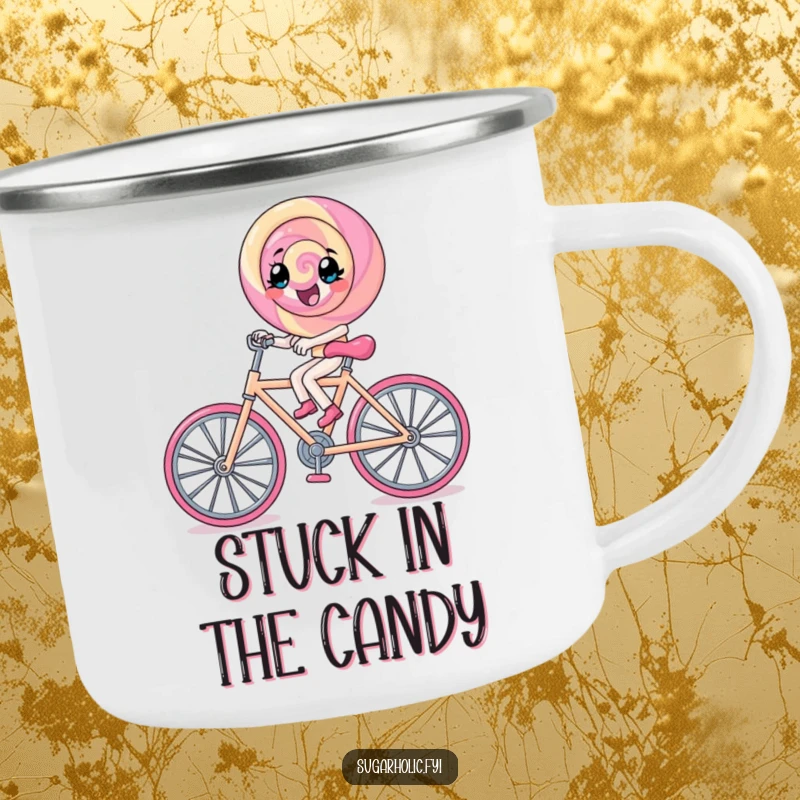 Funny lollipop character pedals a rock candy bicycle, ready for adventure on this camping mug.