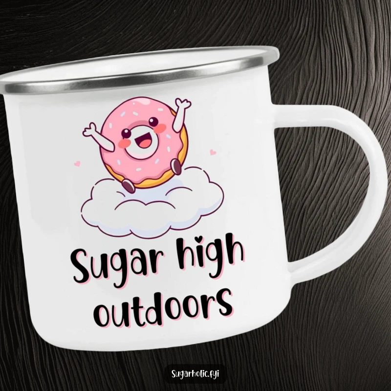 Funny camping mug featuring a delighted doughnut character cartwheeling on a sugary cloud, ideal for enjoying beverages outdoors with humor.