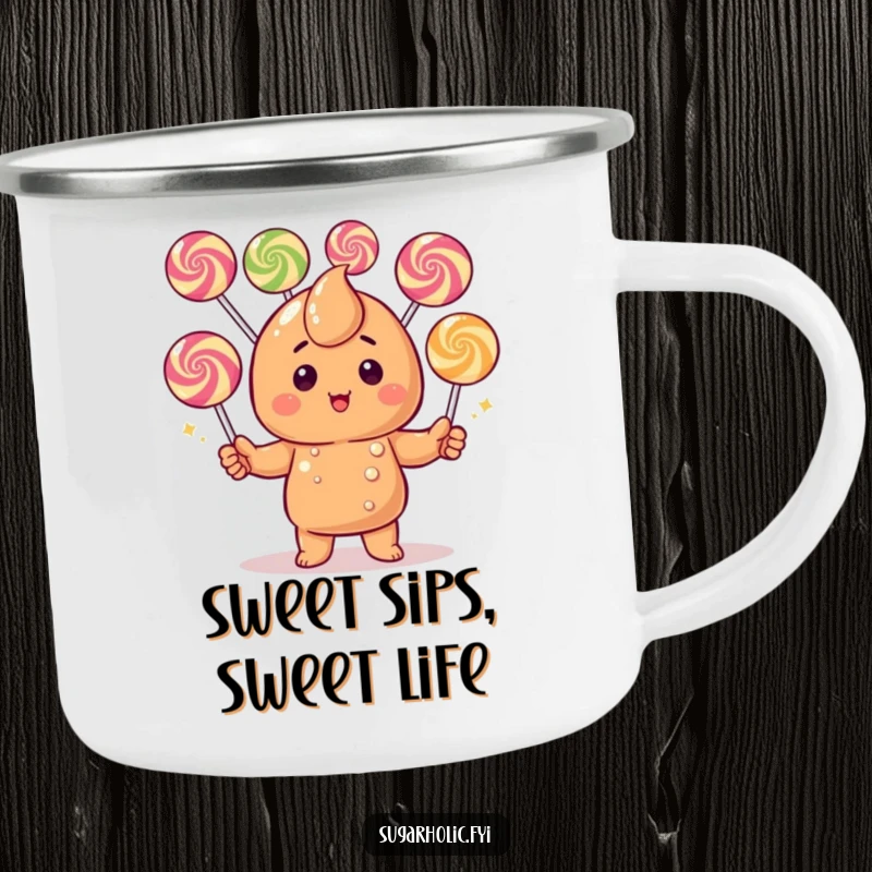 Funny Caramel Candy Camping Mug: A blushing character juggling gumdrops, designed for rugged adventures and a good laugh.