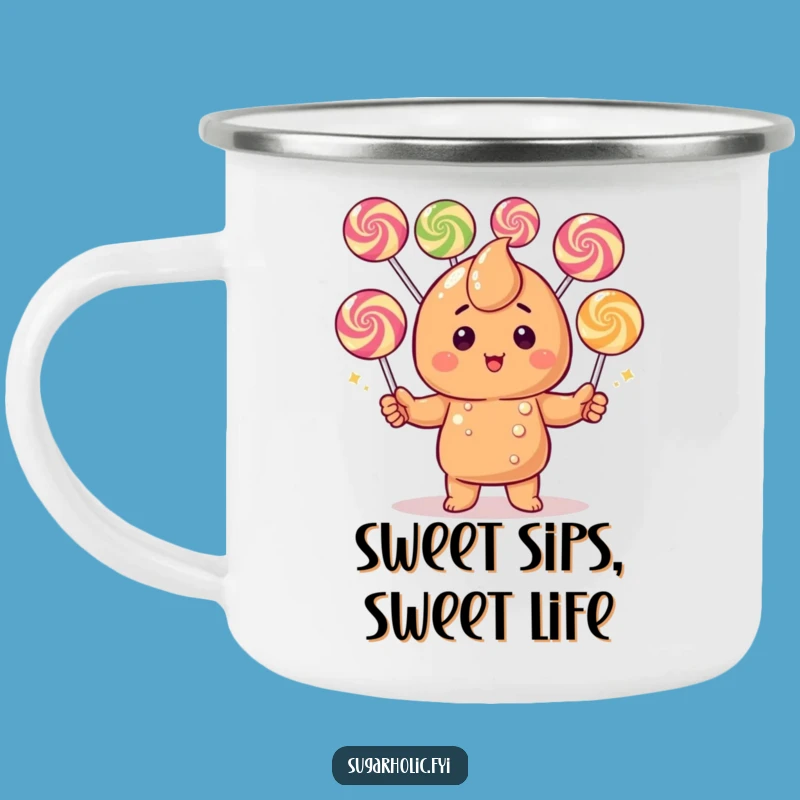 Funny Caramel Candy Camping Mug - Durable Gumdrop Juggling Enamel Cup, Hilarious Outdoor Gift