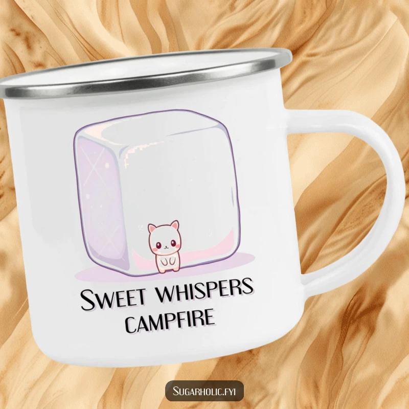 Funny shy candy peeking from behind a large, sparkling sugar cube, a durable and humorous camping mug.