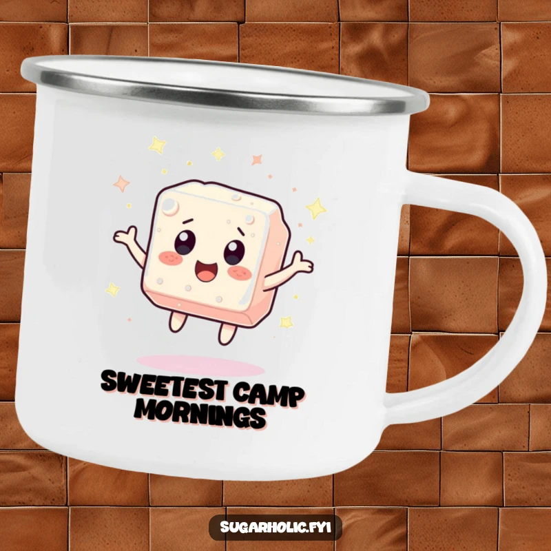 Funny sugar cube character bouncing with excitement, surrounded by sparkles on a rugged camping mug, built for outdoor fun and humorous refreshment.