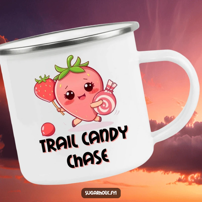 Funny camping mug illustrating a blushing strawberry character chasing a runaway candy, perfect for outdoor adventures and sweet moments.