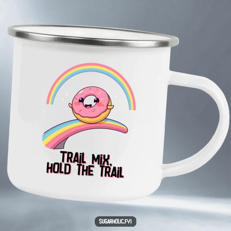 Funny cartoon donut character comically sliding across a rainbow bridge, a durable and humorous camping mug.