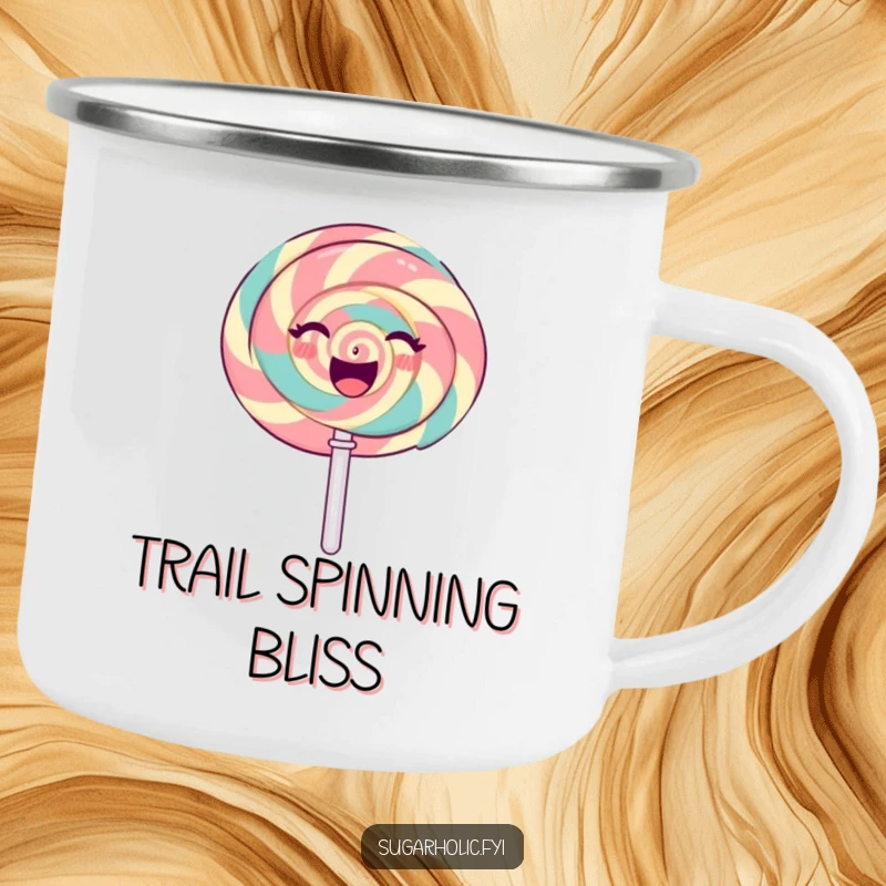 Funny gleeful lollipop character spinning merrily with a radiant, sweet expression, a rugged and funny camping mug.