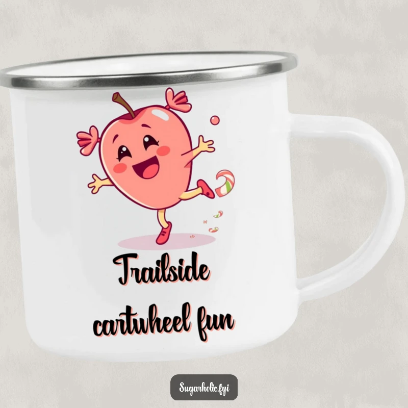 Funny camping mug featuring a thrilled candy apple character performing a cartwheel with a candy trail during an outdoor adventure.