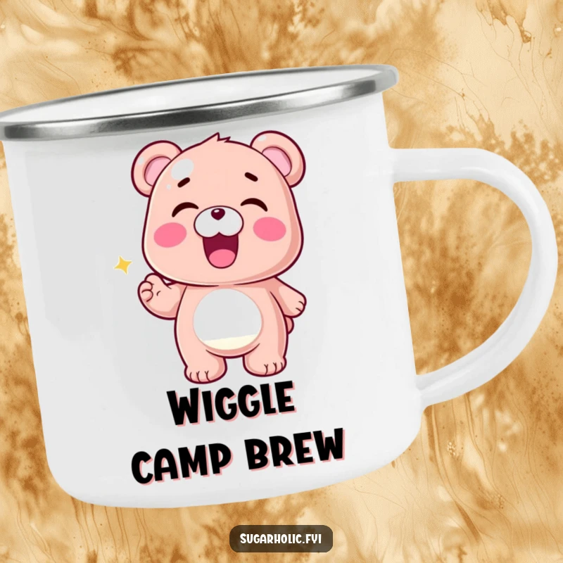 Funny Gummy Bear Camping Mug showing a thrilled gummy bear character performing an energetic wiggle, built for rugged fun and smiles.