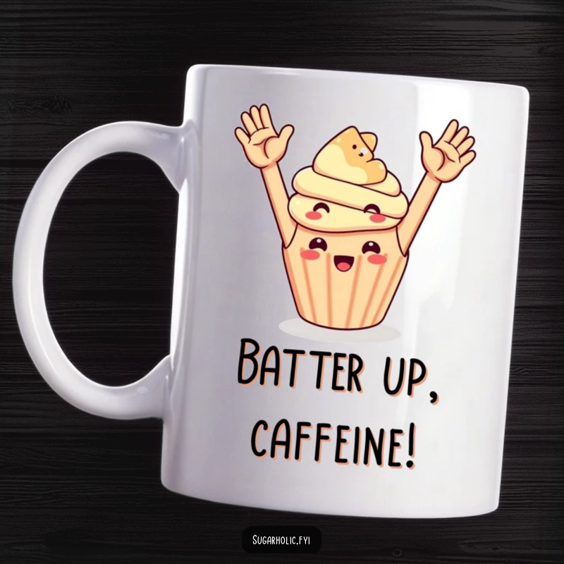 Funny cheerful cupcake with raised arms attempting a high five with a floating gummy bear, a delightful mug.