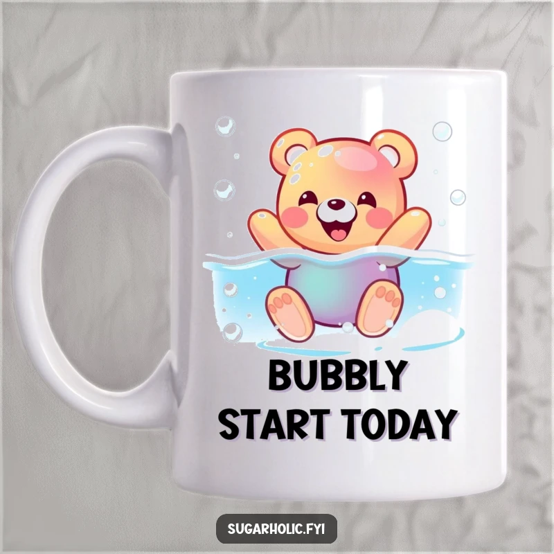 Funny mug with a pleased gummy bear character joyfully swimming in a fizzy soda pool, conveying pure, bubbly happiness.