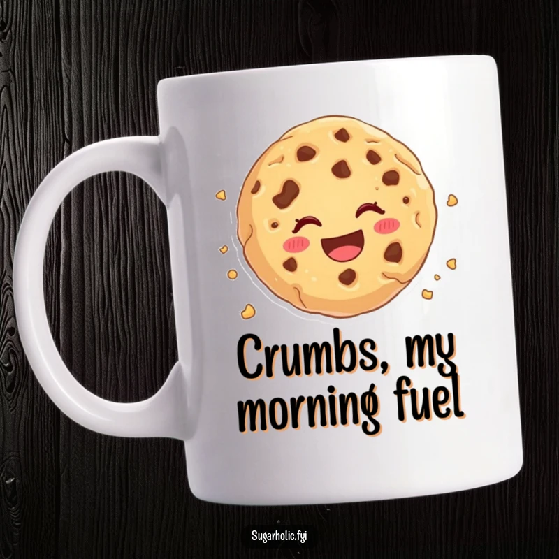 Funny cookie crumble mug, a cartoon cookie happily falling apart with cheerful abandon, showcasing a delightful and humorous treat.