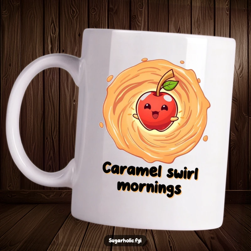 Funny mug featuring a beaming anthropomorphic candy apple character joyfully spinning in a caramel vortex, radiating pure, sweet bliss.